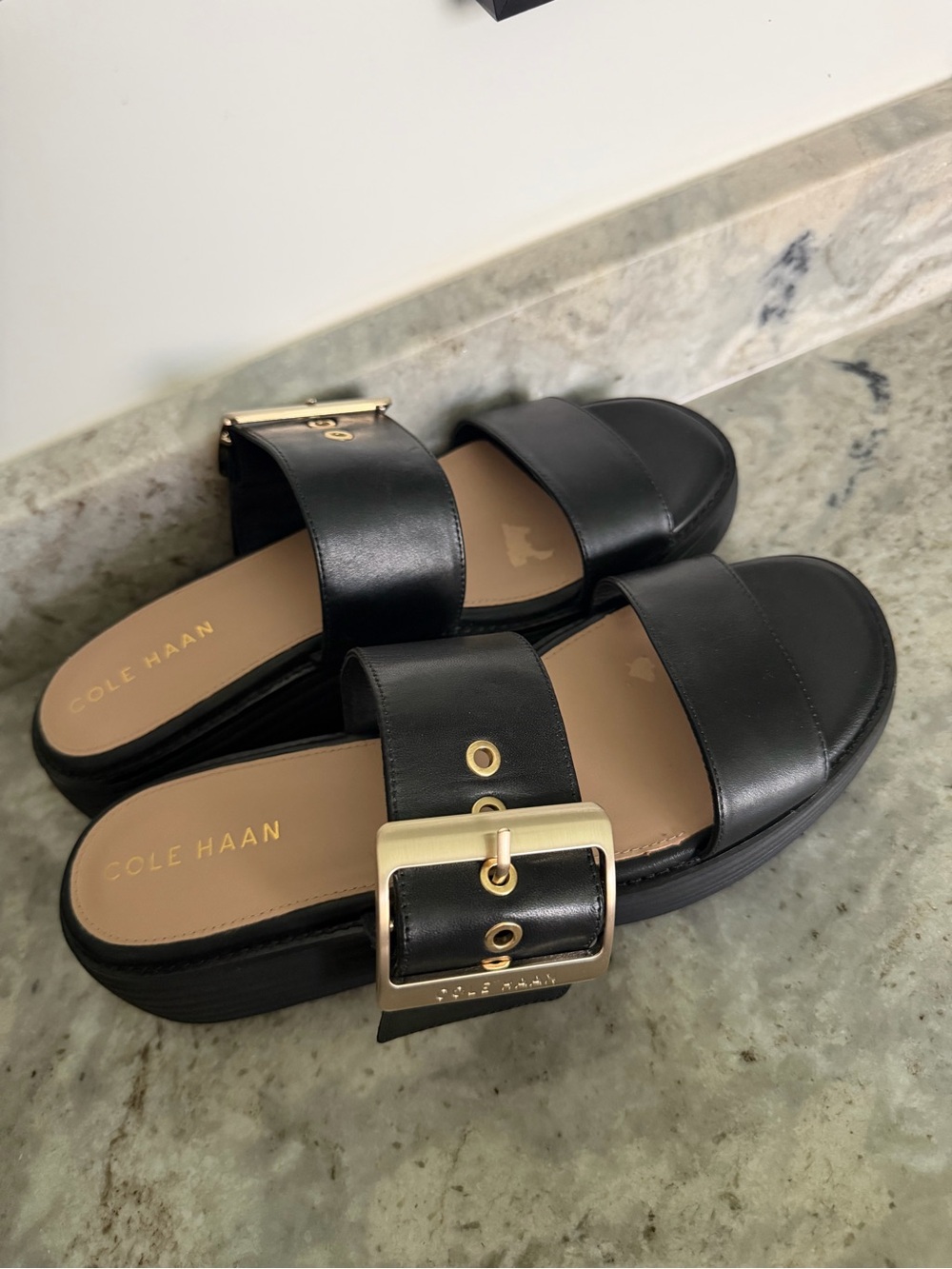 Cole Haan Women's Original Grand Platform Gold Buckle Strap Slide Sandal Sz 7